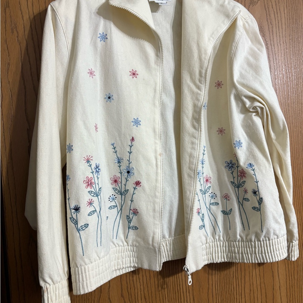 Alfred Dunner Cream Bomber Jacket with Floral Embroidery
